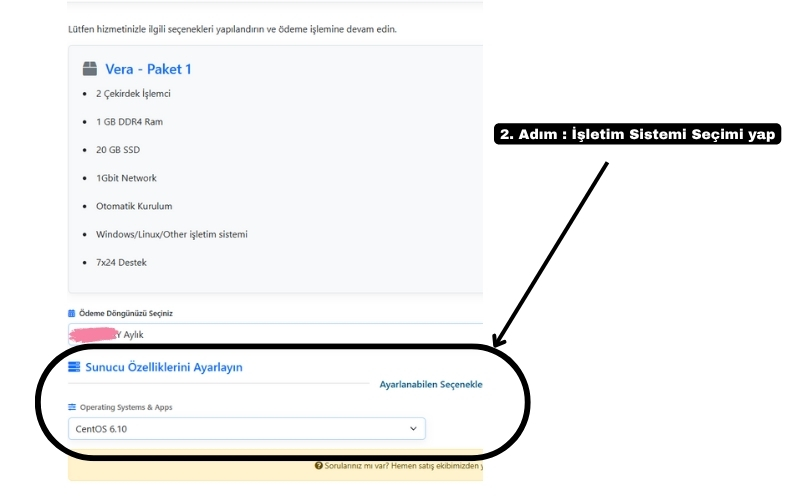 VDS sunucu kurulumu için işletim sistemi seçimi ekranı – CentOS örneği