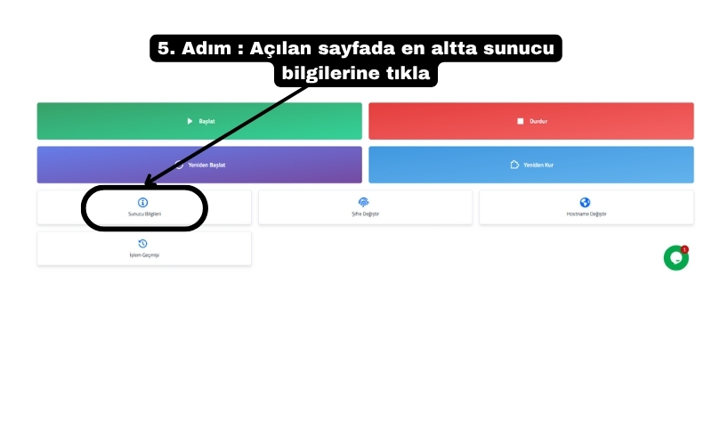 Sunucuya ait bağlantı bilgilerine erişim sağlayan arayüz butonları