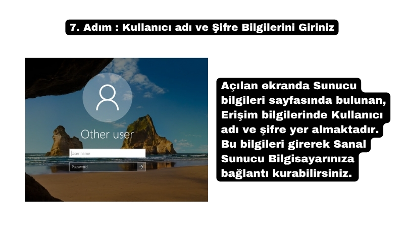 Windows kullanıcı giriş ekranı – sanal sunucuya erişim için kullanıcı adı ve şifre alanı