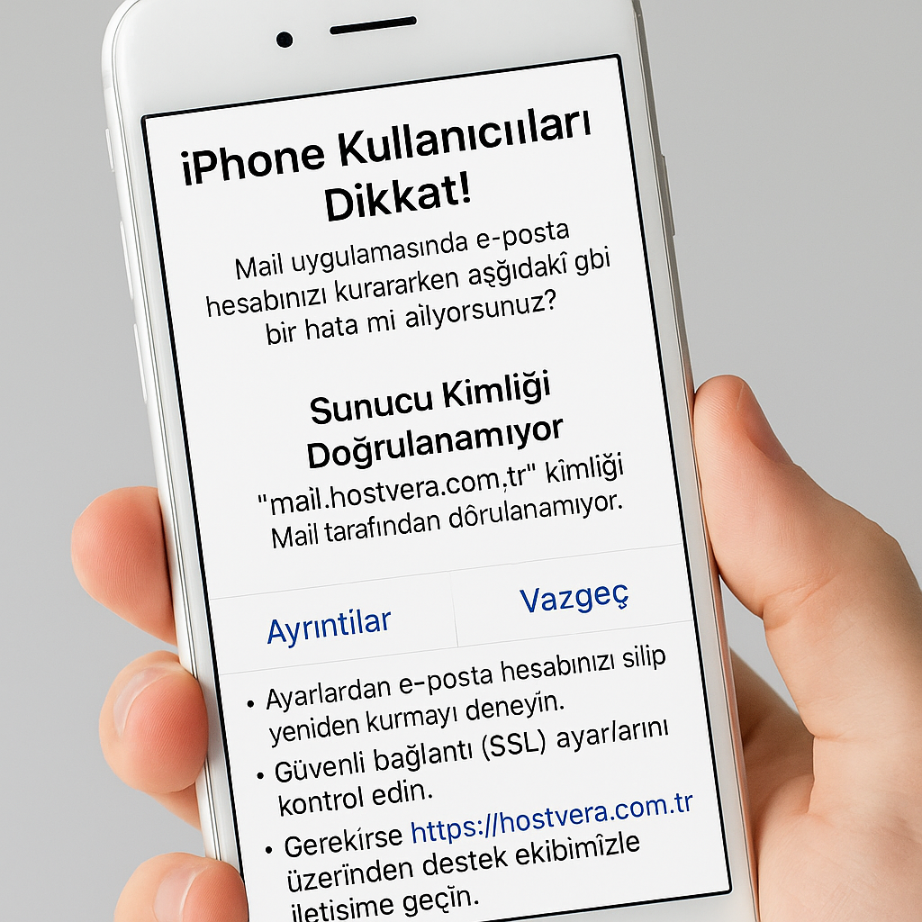 iPhone veya Android E-posta Kurulumu Sırasında
Mobil cihazınızda e-posta hesabı kurarken “sunucu kimliği doğrulanamıyor” hatası, genellikle SSL sertifikasının doğrulanamamasından kaynaklanır. Mail sunucusu adresi hatalı girilmiş veya cihaz saat ayarı yanlış olabilir.